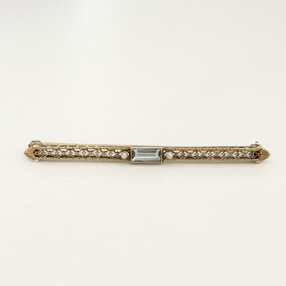 Vintage 14K Yellow Gold Deco Aquamarine Seed Pearl Filigree Bar Brooch Pin